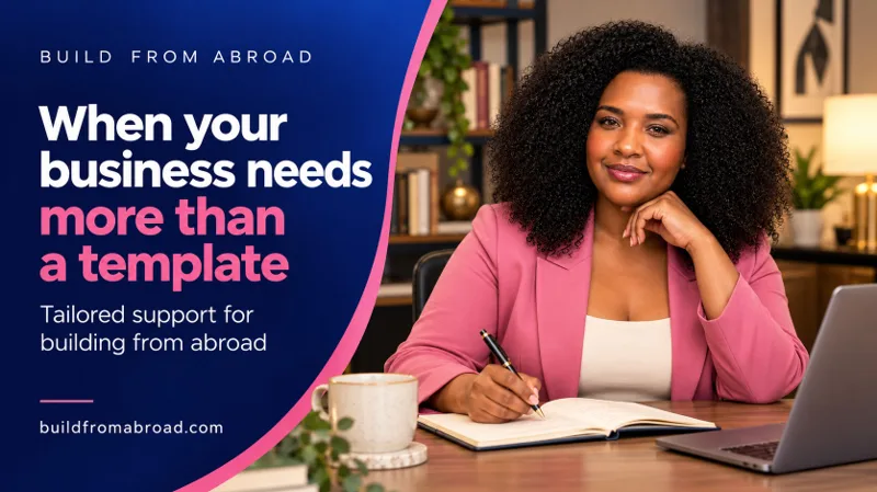 Davinia Edafioka in a pink blazer at a desk beside the words When your business needs more than a template.